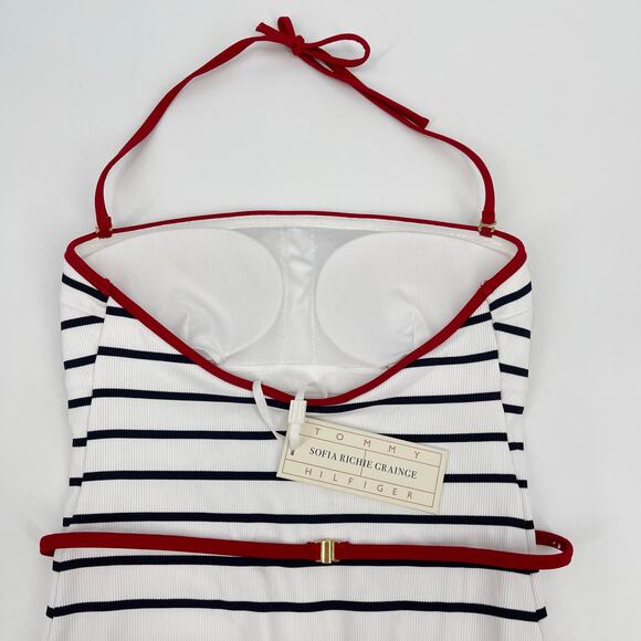 Tommy Hilfiger | NWT The Sofia Capsule Bandeau Belted Swimsuit Navy White Stripe - Picture 13 of 15